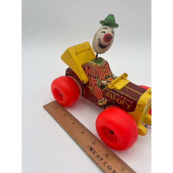 Vintage Fisher-Price Jalopy Pull Toy Clown Car With Red Wheels & String Pull - Picture 2 of 5